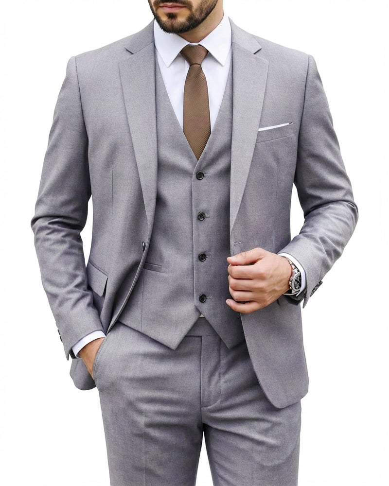 MYS MY'S Men's 3 Piece Slim Fit Suit Set, One Button Solid Jacket Vest Pants with Tie Light Grey - Image 1